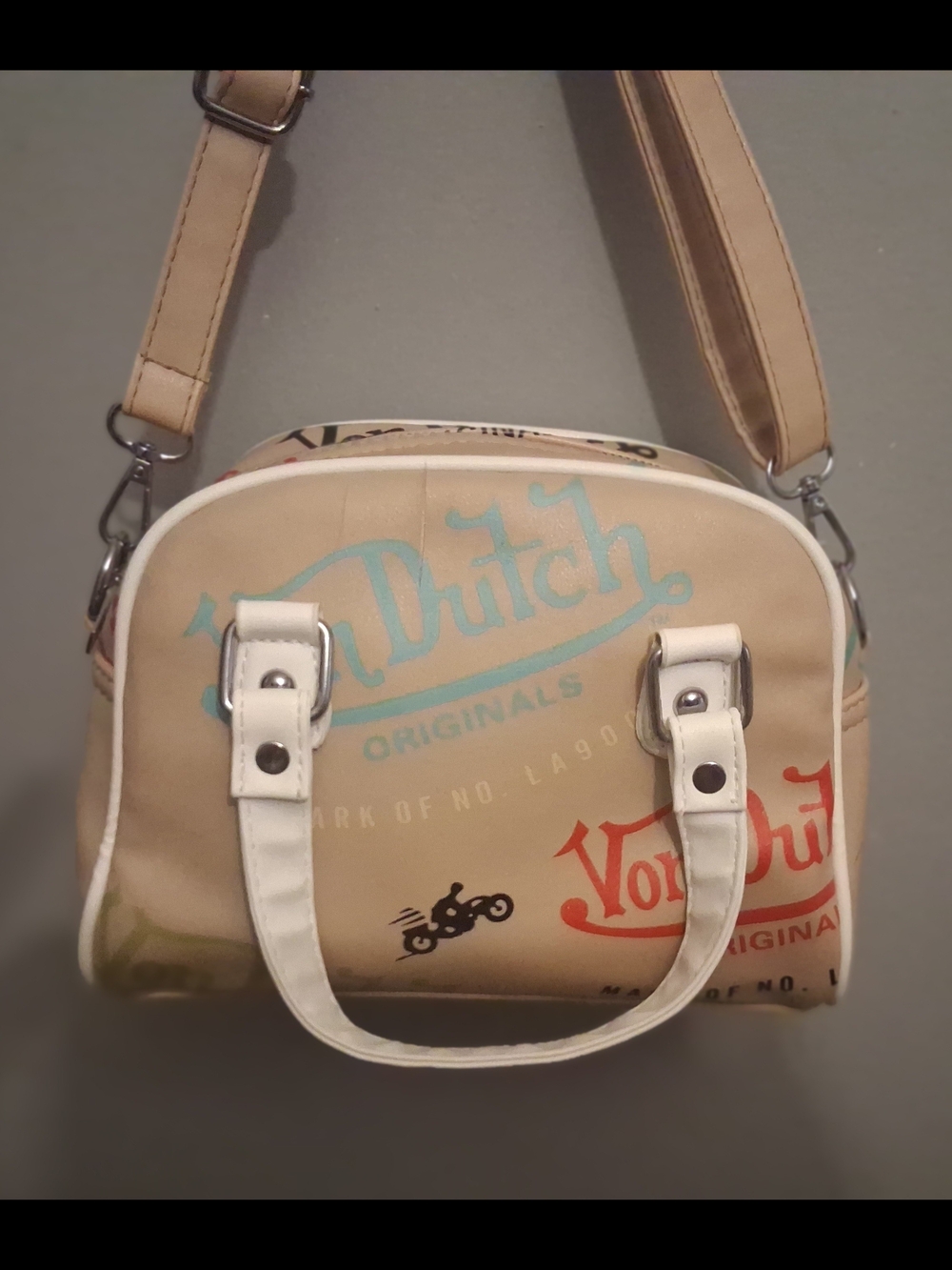 Von Dutch Beige Canvas Logo Shoulder Bag with White Trim